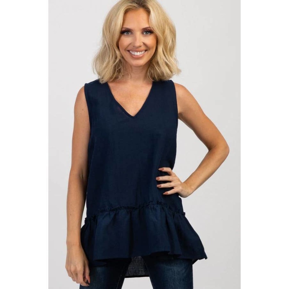 Aerie Women's Sleeveless Pleated Poplin Top Blouse V-Neck Navy Blue Size M